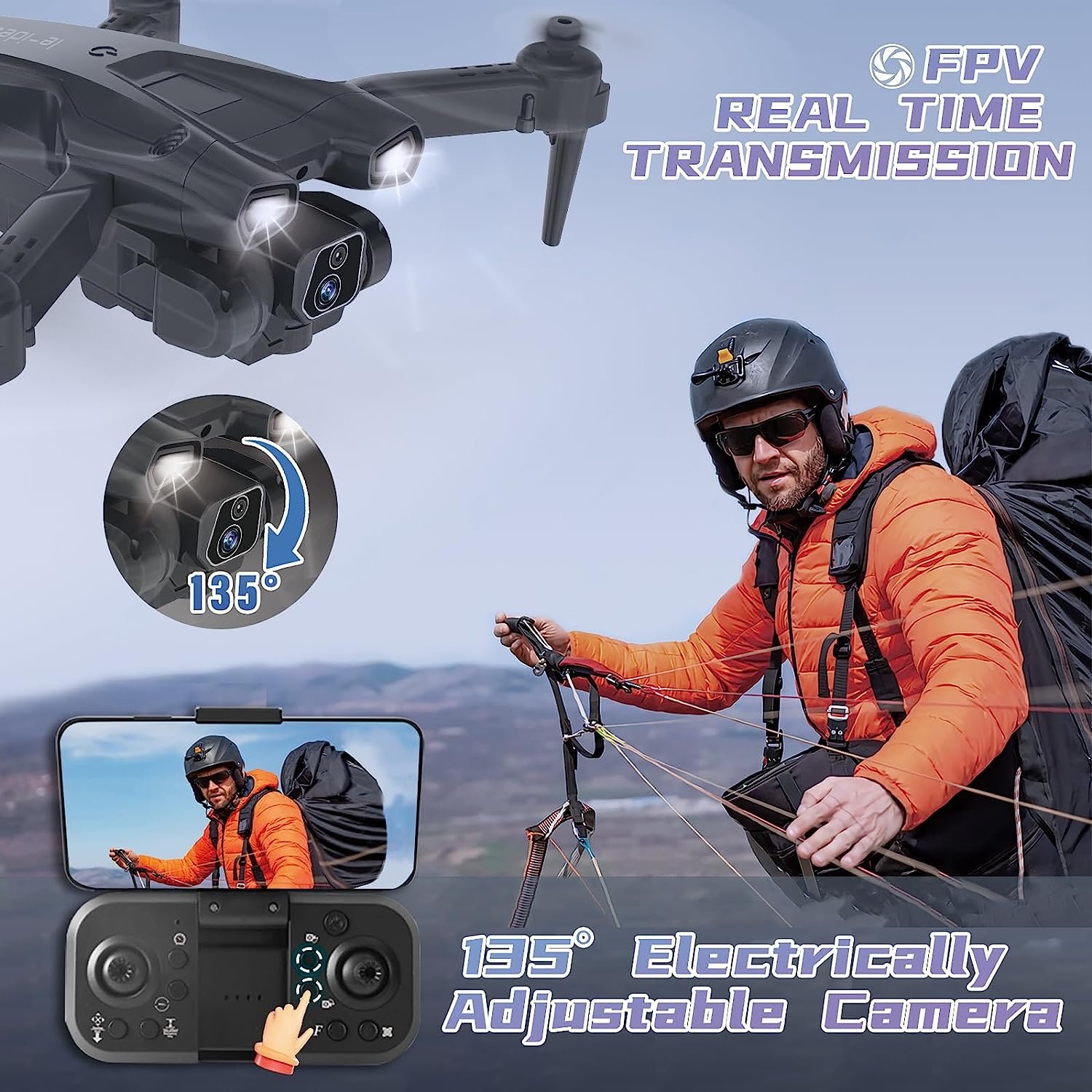 IDEA12 Drone with Camera HD 2 Cameras Drones for Children 135° Electric Adjustable RC FPV WiFi Foldable Quadcopter Toy Planes Gifts 360° Flips Gravity Control Height Hold 2 Batteries - Image 3