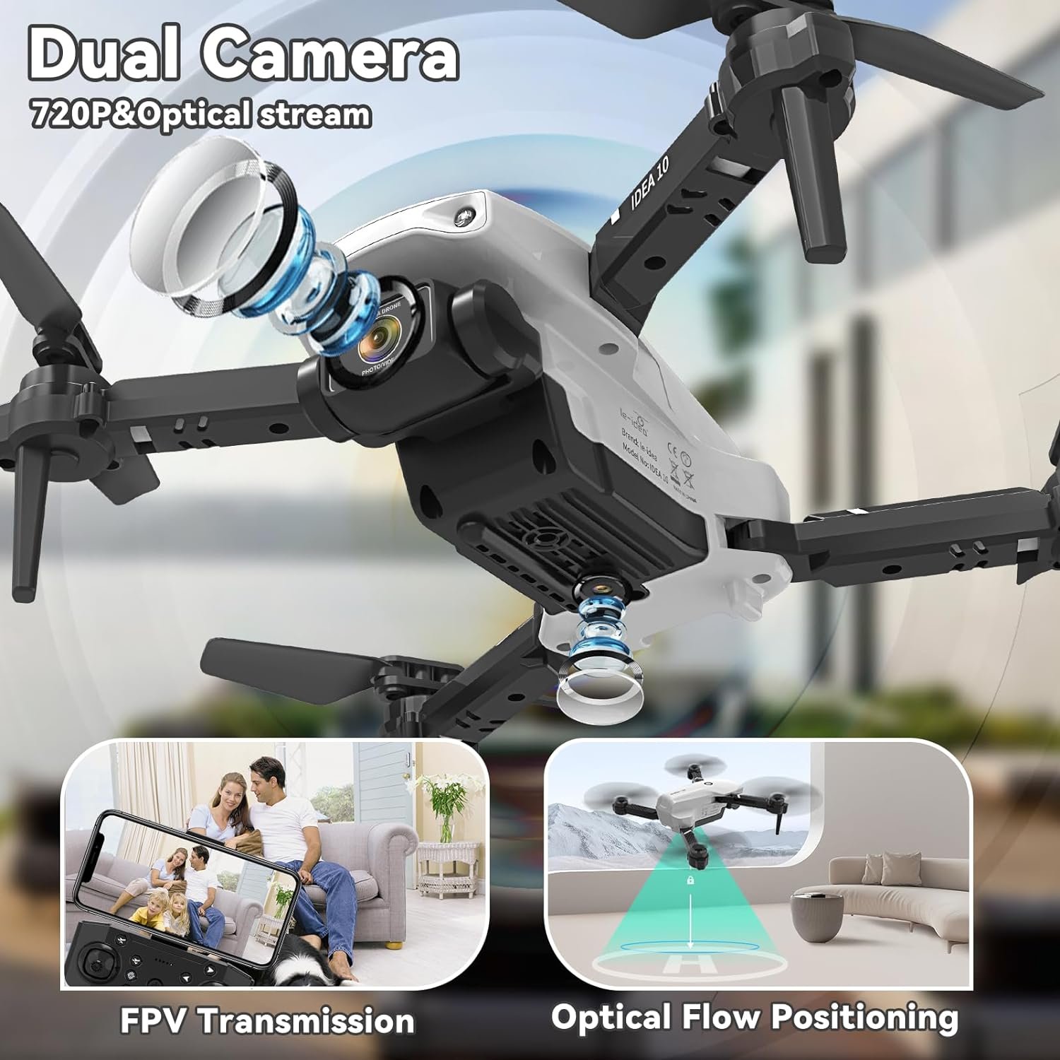 morlyrctooy Mini Drones with 2 Cameras, 720P Idea10 Drone for Children, Beginners, RC Quadcopter with Optical Flow Positioning, Altitude Hold, 360° Flip, 2 Batteries - Image 2