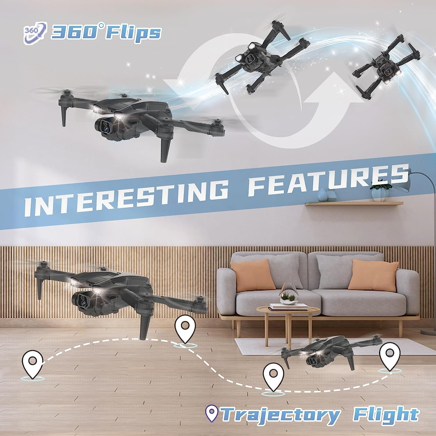 IDEA12 Drone with Camera HD 2 Cameras Drones for Children 135° Electric Adjustable RC FPV WiFi Foldable Quadcopter Toy Planes Gifts 360° Flips Gravity Control Height Hold 2 Batteries - Image 5