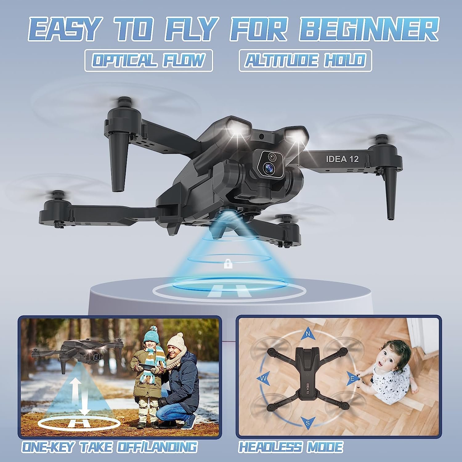 IDEA12 Drone with Camera HD 2 Cameras Drones for Children 135° Electric Adjustable RC FPV WiFi Foldable Quadcopter Toy Planes Gifts 360° Flips Gravity Control Height Hold 2 Batteries - Image 4