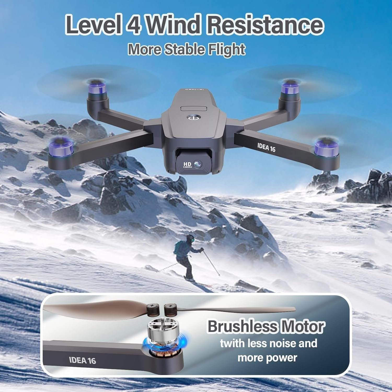 IDEA16 Drone with Adjustable 1080P Camera, 5GHz WiFi FPV Drones with 2 Cameras, Drone Speed 40 km/h, Brushless Motor, Drone 2 Batteries with 30 Minutes Flight Time, IDEA16 Drone 2023 Model - Image 3