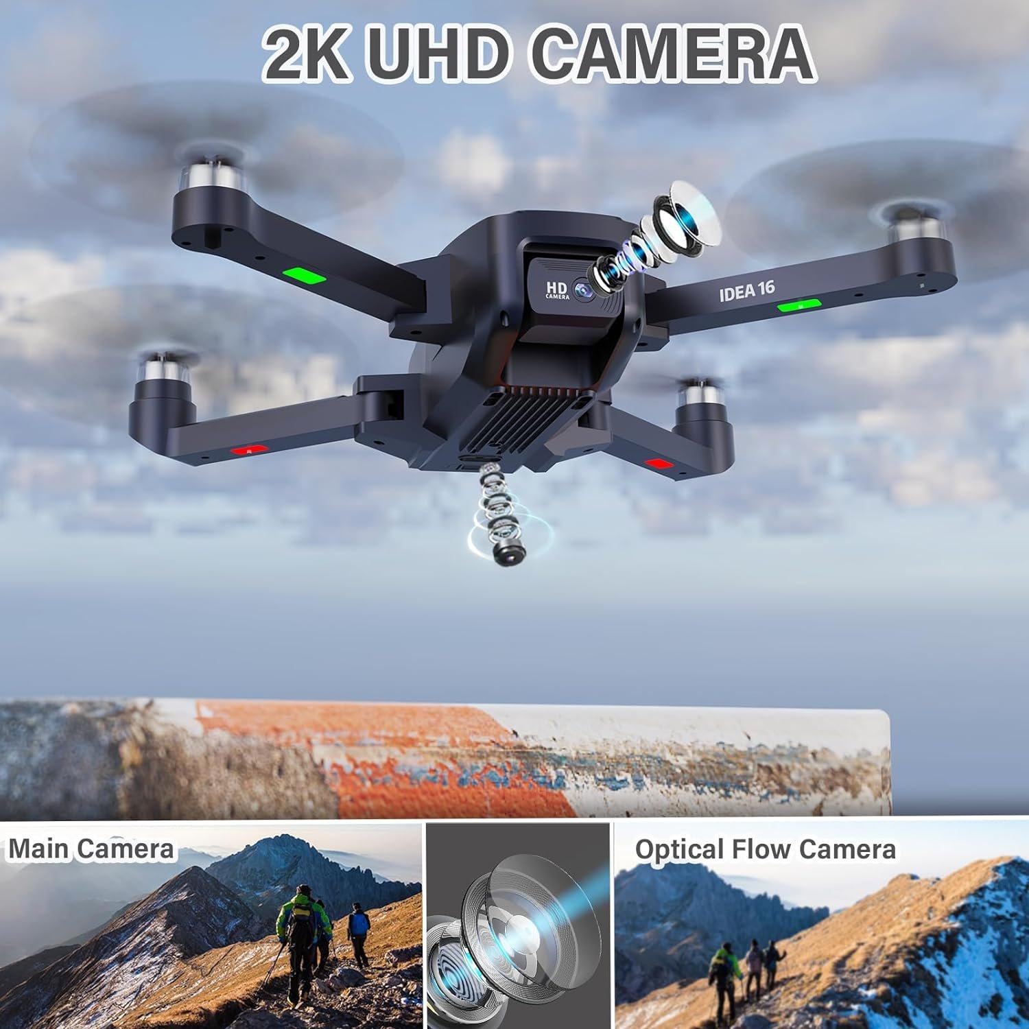 IDEA16 Drone with Adjustable 1080P Camera, 5GHz WiFi FPV Drones with 2 Cameras, Drone Speed 40 km/h, Brushless Motor, Drone 2 Batteries with 30 Minutes Flight Time, IDEA16 Drone 2023 Model - Image 2