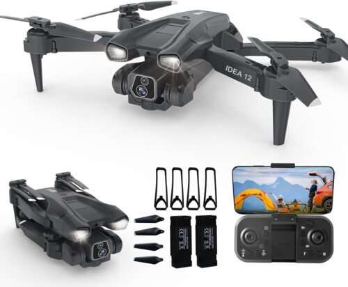 IDEA12 Drone with Camera HD 2 Cameras Drones for Children 135° Electric Adjustable RC FPV WiFi Foldable Quadcopter Toy Planes Gifts 360° Flips Gravity Control Height Hold 2 Batteries