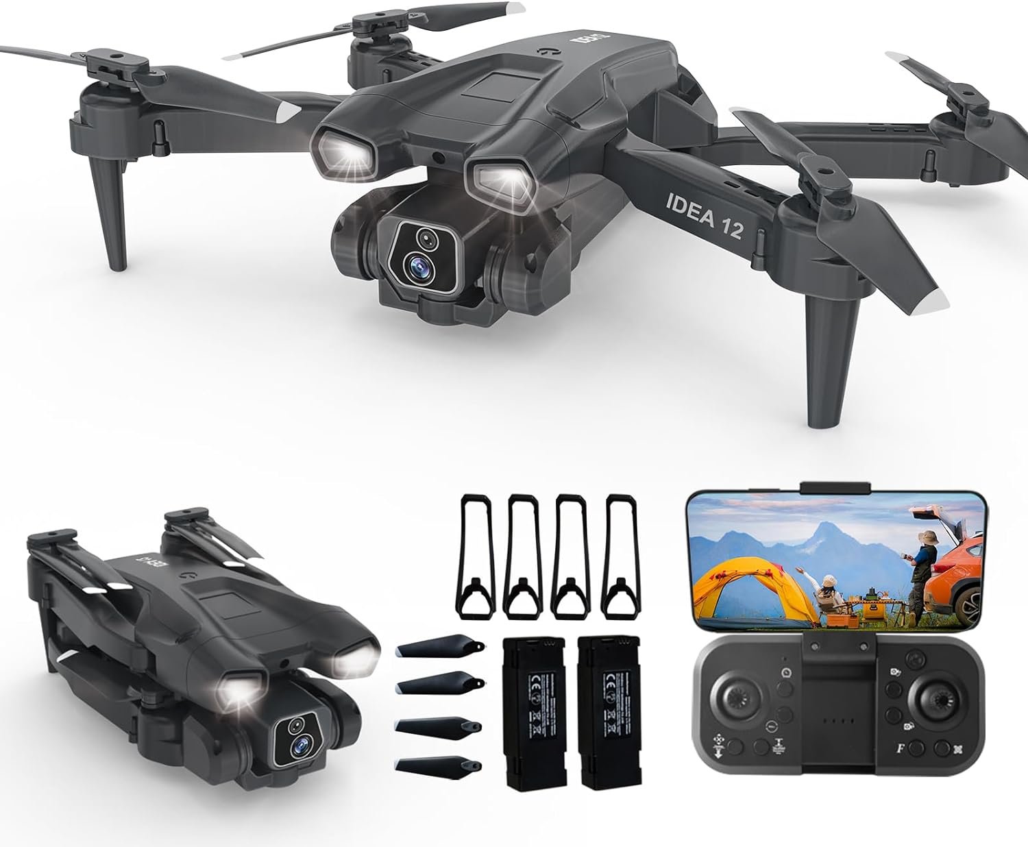 IDEA12 Drone with Camera HD 2 Cameras Drones for Children 135° Electric Adjustable RC FPV WiFi Foldable Quadcopter Toy Planes Gifts 360° Flips Gravity Control Height Hold 2 Batteries